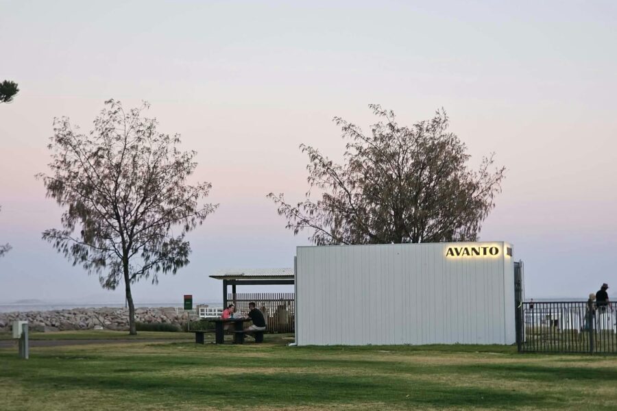 Avanto Sauna on Esperance foreshore at dusk, white sauna, coastal trees, ocean backdrop