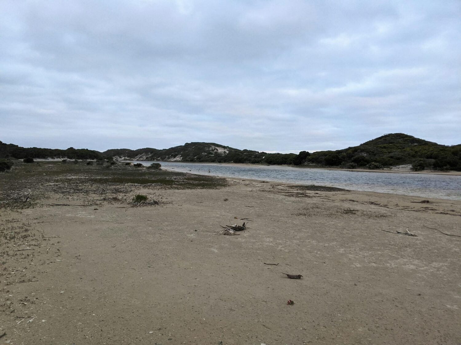 Beach down to a river.