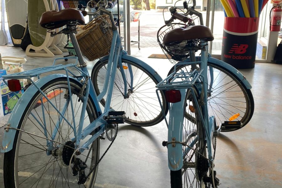 two blue cruiser style bicycles in a shop