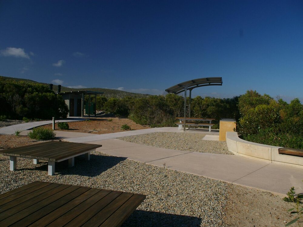 Pathways, benches, picnic tables shelters and toilets.