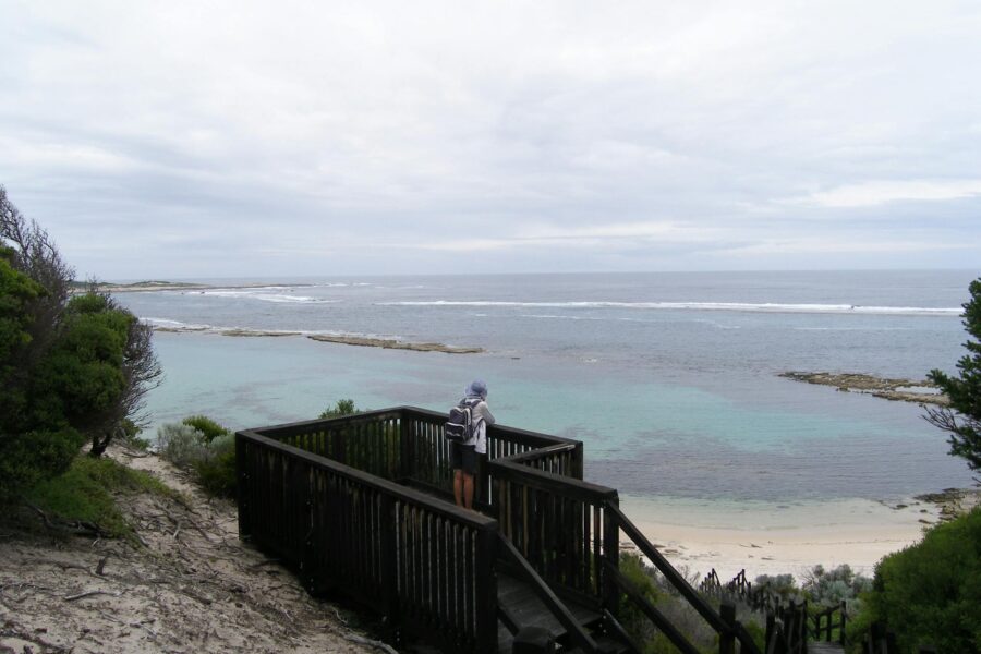 Person standing on wooden lookout near ocean.