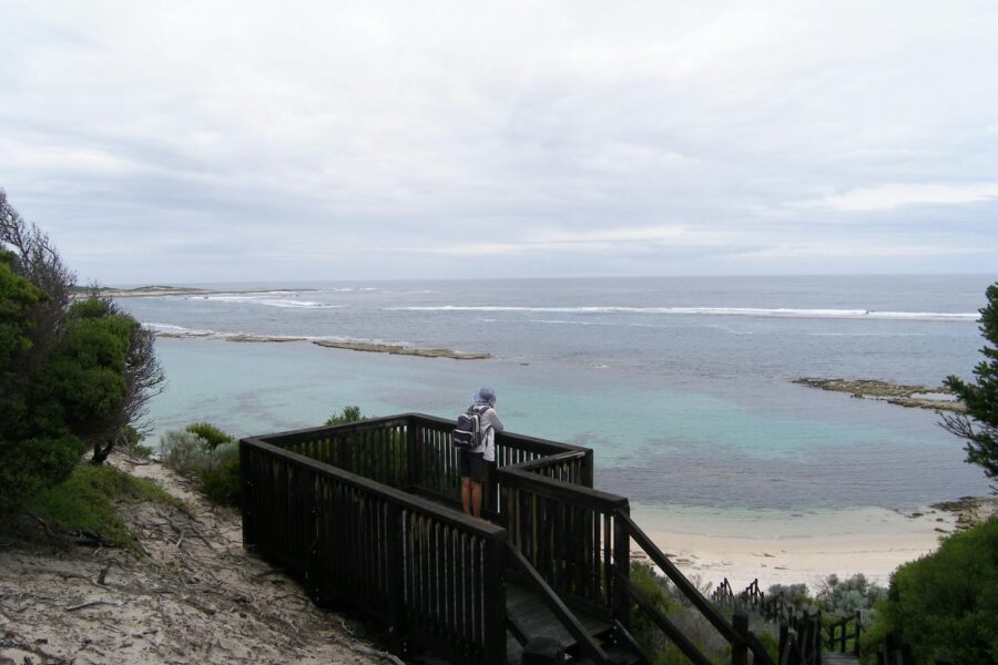 Person standing on a wooden lookout overlooking the ocean.