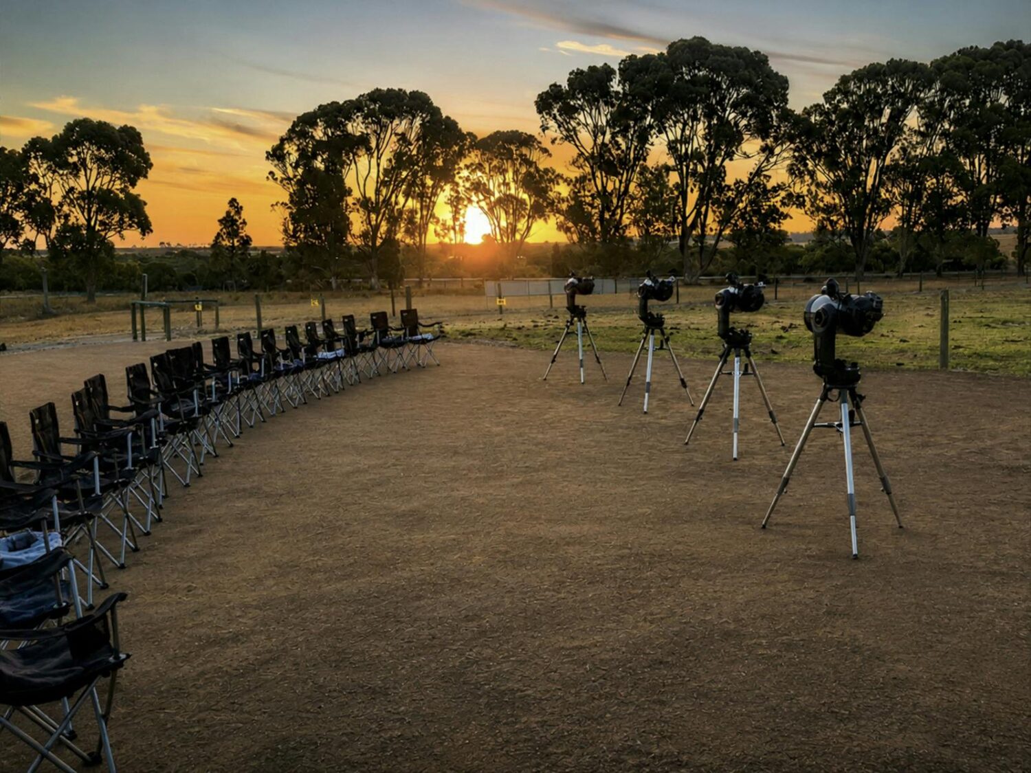 Ningaloo Stars telescopes and guest seating set up at sunset for an astronomy session in Esperance.