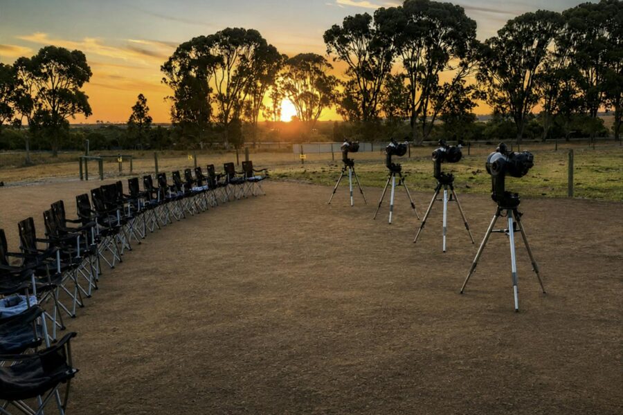 Ningaloo Stars telescopes and guest seating set up at sunset for an astronomy session in Esperance.